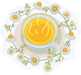 Digital png illustration of tea with steam and camomiles on transparent background