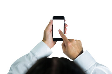 Digital png photo of caucasian businesswoman using smartphone on transparent background