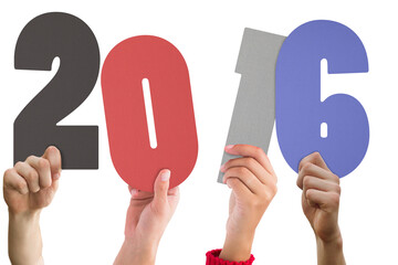 Digital png illustration of hands holding numbers 2016 on transparent background
