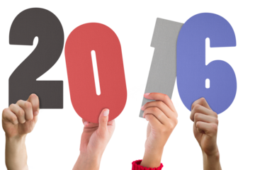 Digital png illustration of hands holding numbers 2016 on transparent background