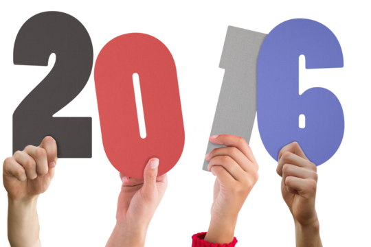 Digital png illustration of hands holding numbers 2016 on transparent background