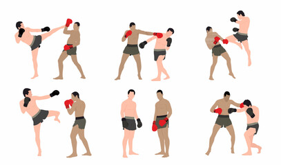 set of mixed martial art mma fighter. Muay thai, wrestling, jujitsu, kick boxing, taekwondo and boxing. Vector illustration