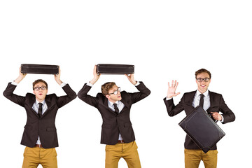 Digital png photo of caucasian businessmen with suitcases on transparent background