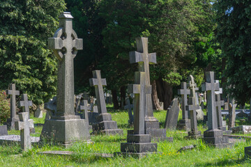 Bournemouth, UK - August 9th 2023: Graves at the Wimborne Road Cemetery which opened in 1878.
