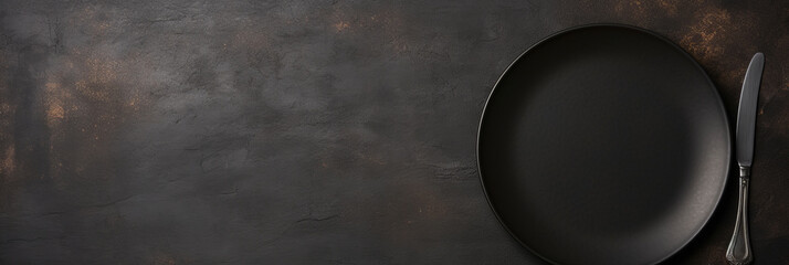 An empty black plate with cutlery on a dark concrete back.