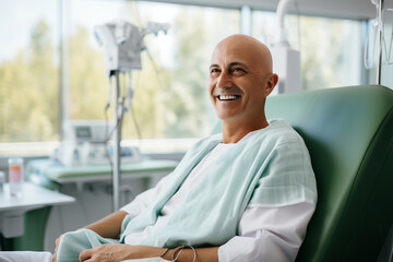 Bald mature man smiling in cancer hospital bed .