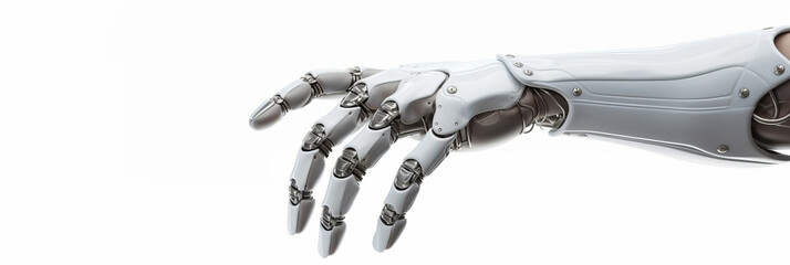 Cyborg hand finger pointing, technology of artificial intelligence. Steel futuristic arm, type of bionic arm with similar functions to a human arm isolated on white. with copy space.