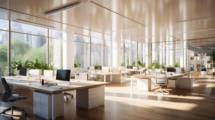 Concept of a sleek and open office layout with minimalist workstations, illuminated by natural light pouring through expansive windows in a collaboration space office within a office complex