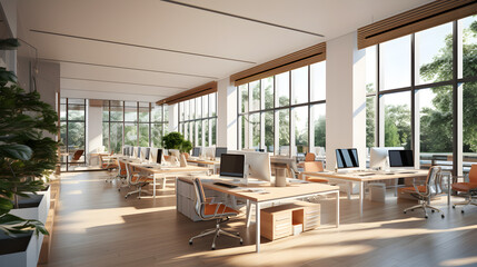 Concept of a sleek and open office layout with minimalist workstations, illuminated by natural light pouring through expansive windows in a collaboration space office within a office complex