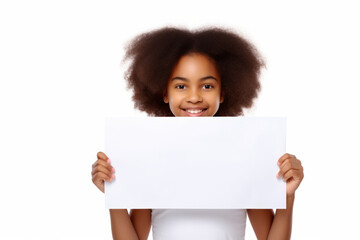 Happy black scholl girl holding blank white banner sign, isolated studio portrait.