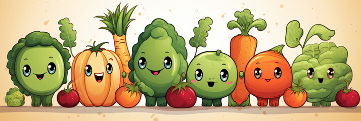 Happy healthy vegetables in a row Cartoon vegetable characters.