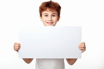 Happy Scholl boy holding blank white banner sign, isolated studio portrait.