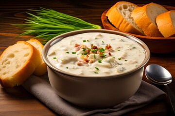 Delicious Homemade New England Clam Chowder in a Hearty Seafood Soup Served in a Bowl with a Spoon - Perfect Dinner for Epicure Foodies: Generative AI