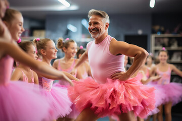 Man wearing pink tutu skirt and having fun ballet class with girls on the background ballet class .