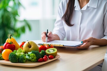 Female Nutritionist Consultation. Making Diet Plan and Giving Health Advice in Office Setting with Patient on Nourishment: Generative AI - obrazy, fototapety, plakaty