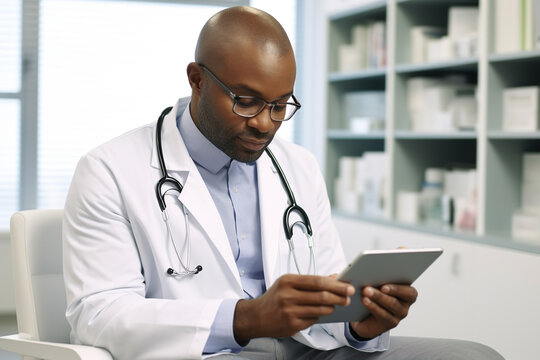 Male African American doctor using a digital tablet while sitting in the office.