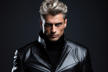 Portrait of fashion caucasian male model, in style of futurism fashion, black background.