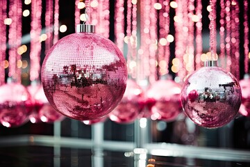 Shimmering Pink Christmas Tree with Mirrored Disco Balls - Festive Bauble Decorations for a Holiday Wonderland Look: Generative AI