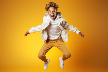 Fototapeta na wymiar Portrait of jumping African-American teenage boy on yellow background.