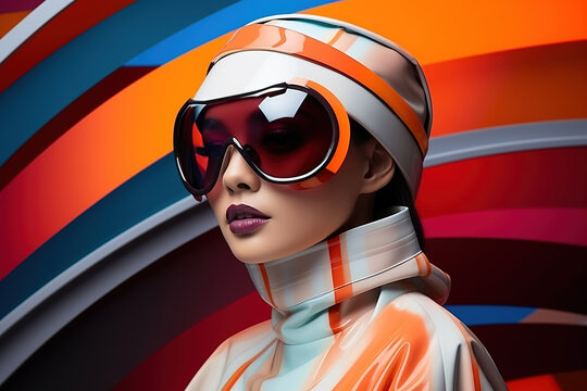 Portrait of fashion asian model, in style of futurism fashion, saturated color.