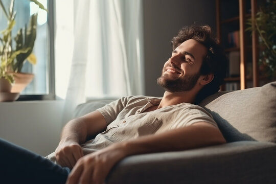 Satisfied handsome young man relaxing on the sofa at home, Smiling men enjoying day off lying on the couch, Healthy lifestyle, people and holiday concept.