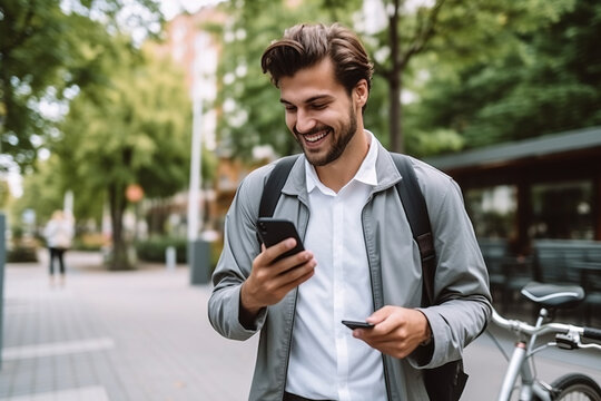 Young handsome man walking with bike and smartphone in a city, Smiling student men with bicycle smiling and holding mobile phone, Modern lifestyle, connection, travel, concept.