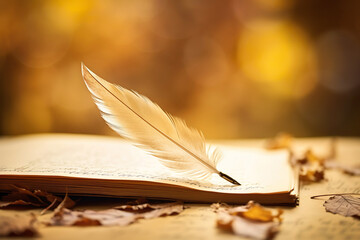 An old-fashioned quill pen rests on a vintage page in autumn forest, evoking nostalgia and literature themes.  - 633380303