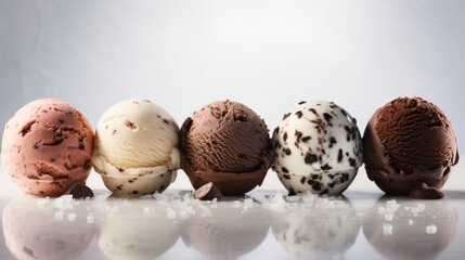 Various scoops of ice cream on a light background.