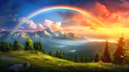 Rainbow on the background of a mountain landscape.