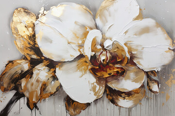 Abstract floral oil painting. Gold and white orchids on white background