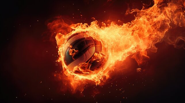 Dynamic shot of a flaming volleyball mid-air during a game