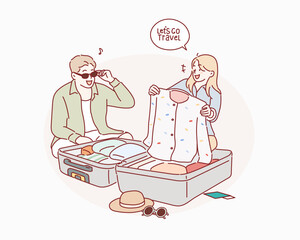Romantic couple packing clothes into travel bag, preparing for the trip. Hand drawn style vector design illustrations.