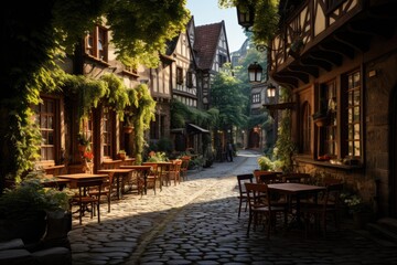 European village square framed by charming old-world architecture. Generative AI.