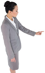Digital png photo of asian businesswoman touching virtual screen on transparent background