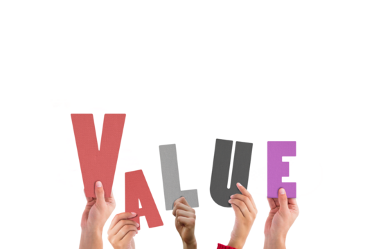 Digital png illustration of hands with value text on transparent background