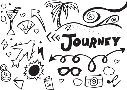 Digital png illustration of journey text with icons on transparent background