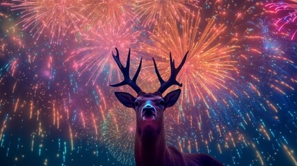 Deer having fun at a New Years Eve party with firework.Generative AI