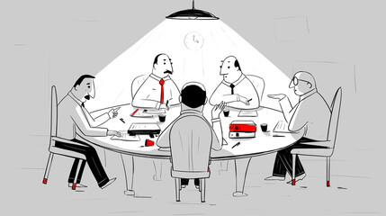 business men in a meeting around the desk discussing cartoon illustration