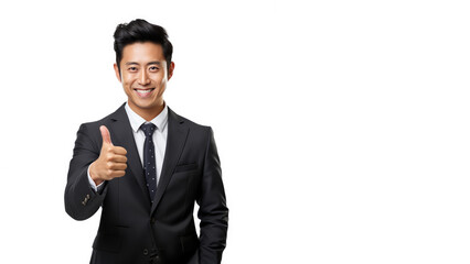 Successful asian businessman in formal suit wear showing thumb up isolated on white background.