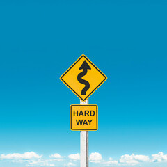 Obstacles await on the path ahead. Traffic sign warning winding curves against sky background. Striving in hard way for success. Challenging difficulty. Self-improvement motivation. Test of life.