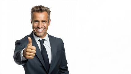 Successful businessman in formal suit wear showing thumb up isolated on white background.