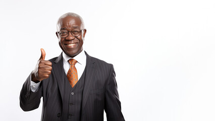 Successful senior afro-american businessman in formal suit wear showing thumb up isolated