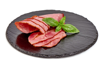 Italian prosciutto crudo or spanish jamon. Jerked meat, isolated on white background.