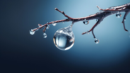 A water drop frozen in mid-air  on a branch