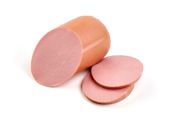 Boiled sausage slices, isolated on white background.
