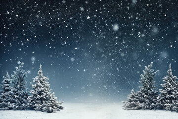 Fototapeta na wymiar Snowy Christmas Trees on Dark Blue Background with Space for Copy Text Generative AI