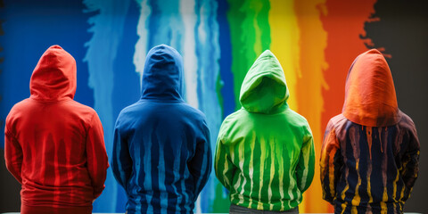 People with hood on a colourful background - Generative AI