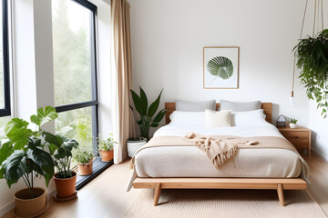 Fototapeta premium Cozy sustainable bedroom in natural colors with wooden furniture, stylish interior accessories and natural cotton textile indoor plants. Eco friendly home interior