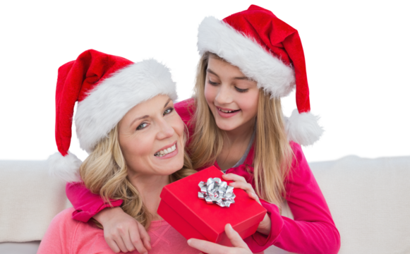 Digital png photo of caucasian mother and daughter with santa hats on transparent background