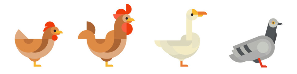 Set abstract geometric birds in modern fashion minimal art style. Chicken, rooster, goose, pigeon. Cartoon bright concept design. Decorative bauhaus composition. Creative vector flat illustration.